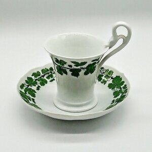 Antique Meissen Green Vine Footed Porcelain Cup Saucer Swan Handle